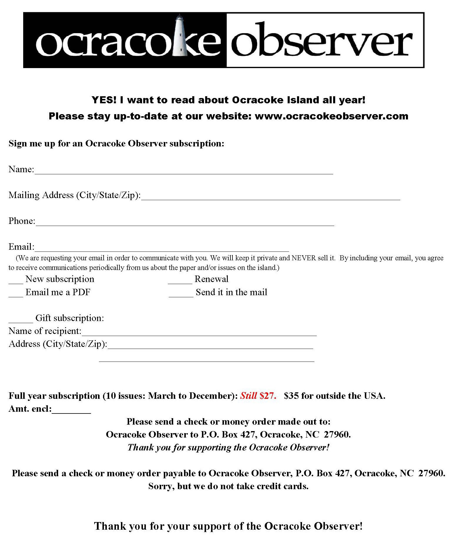 Subscription form 2016 | Ocracoke Observer